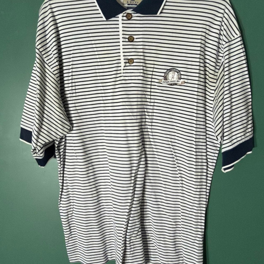 Cutter & Buck Mens Vintage Striped Cotton Polo Shirt XL White Navy Golf Preppy